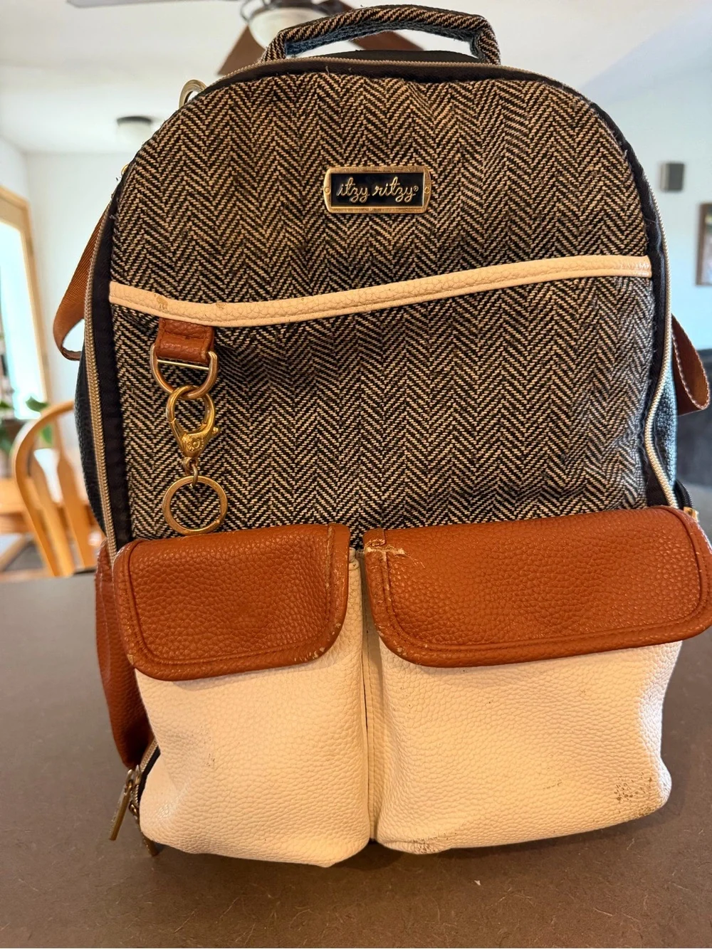 Itzy Ritzy Herringbone Black & Cream Backpack Tote
